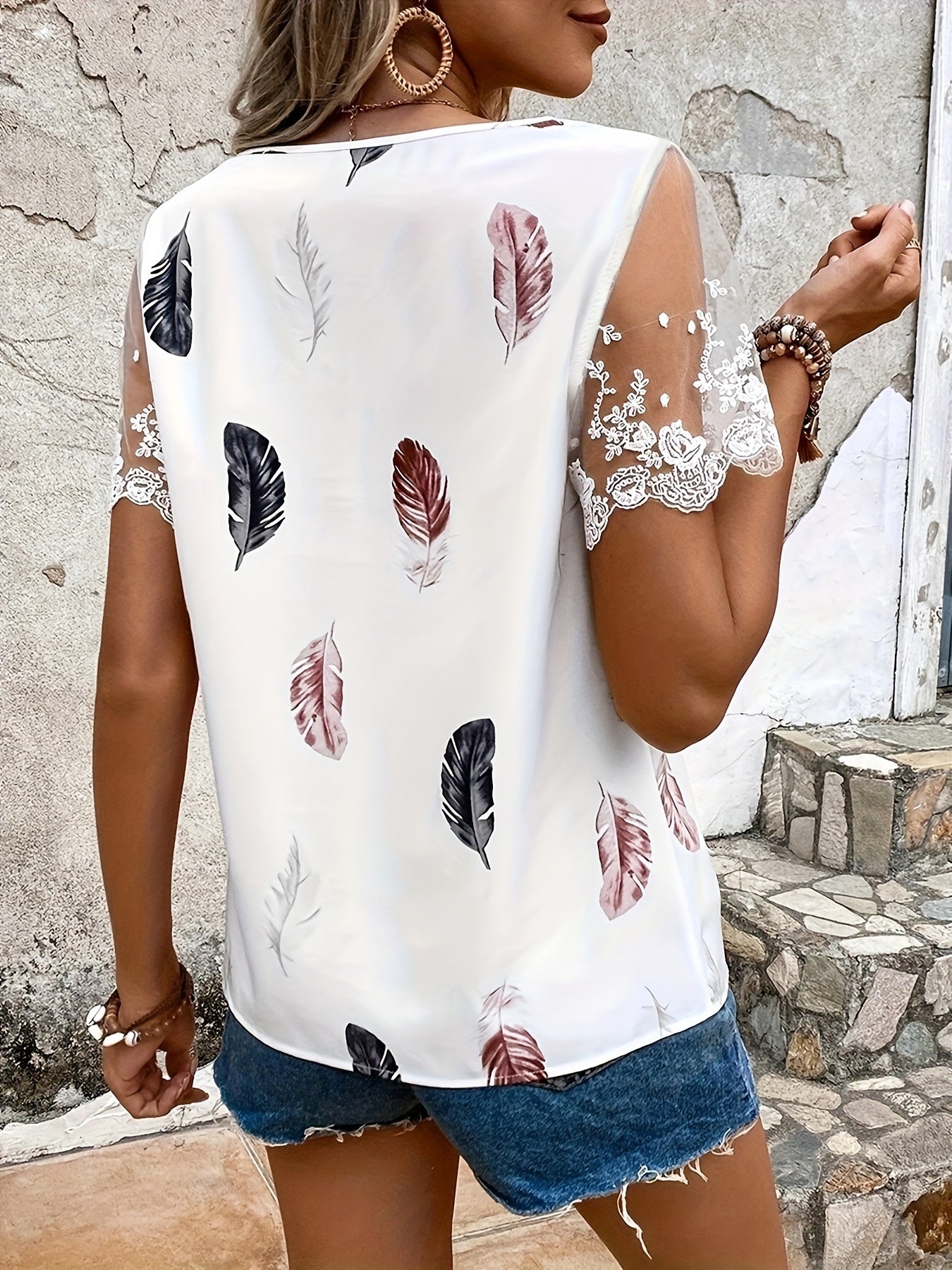 Contrast Lace Feather Print T-shirt, Casual V Neck Short Sleeve Summer T-shirt, Women's Clothing