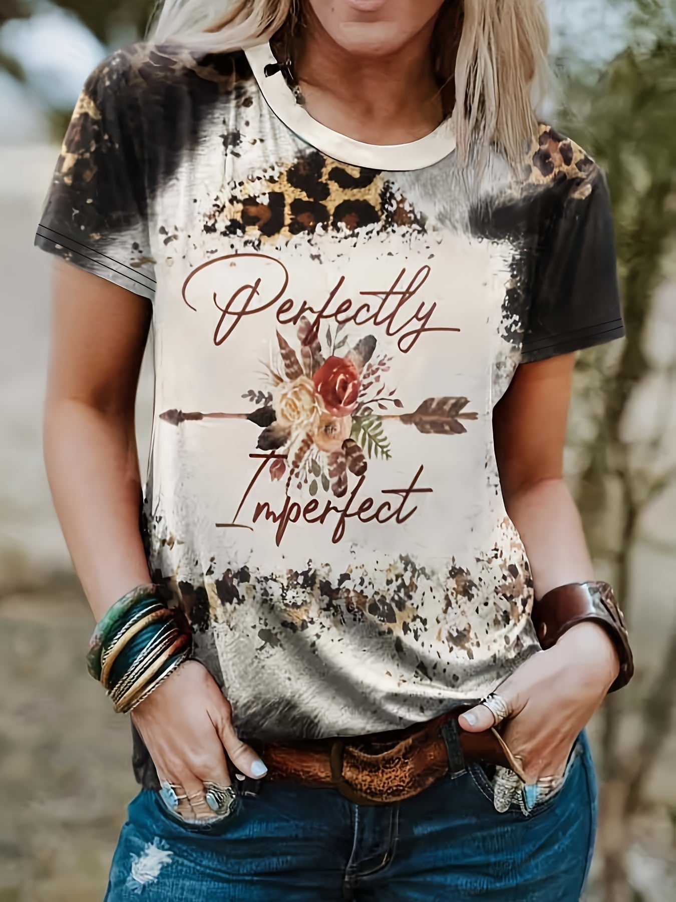Flower & Arrow Print T-shirt, Casual Crew Neck Short Sleeve Leopard T-shirt, Women's Clothing