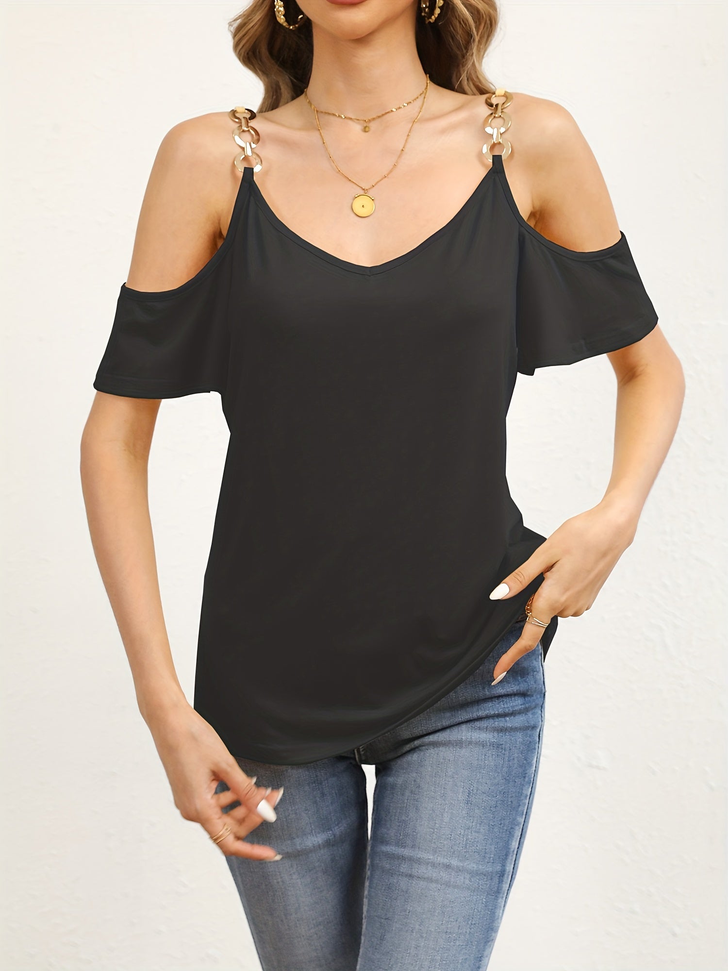 Cold Shoulder Chain Strap T-Shirt, Casual Short Sleeve T-Shirt For Spring & Summer, Women's Clothing