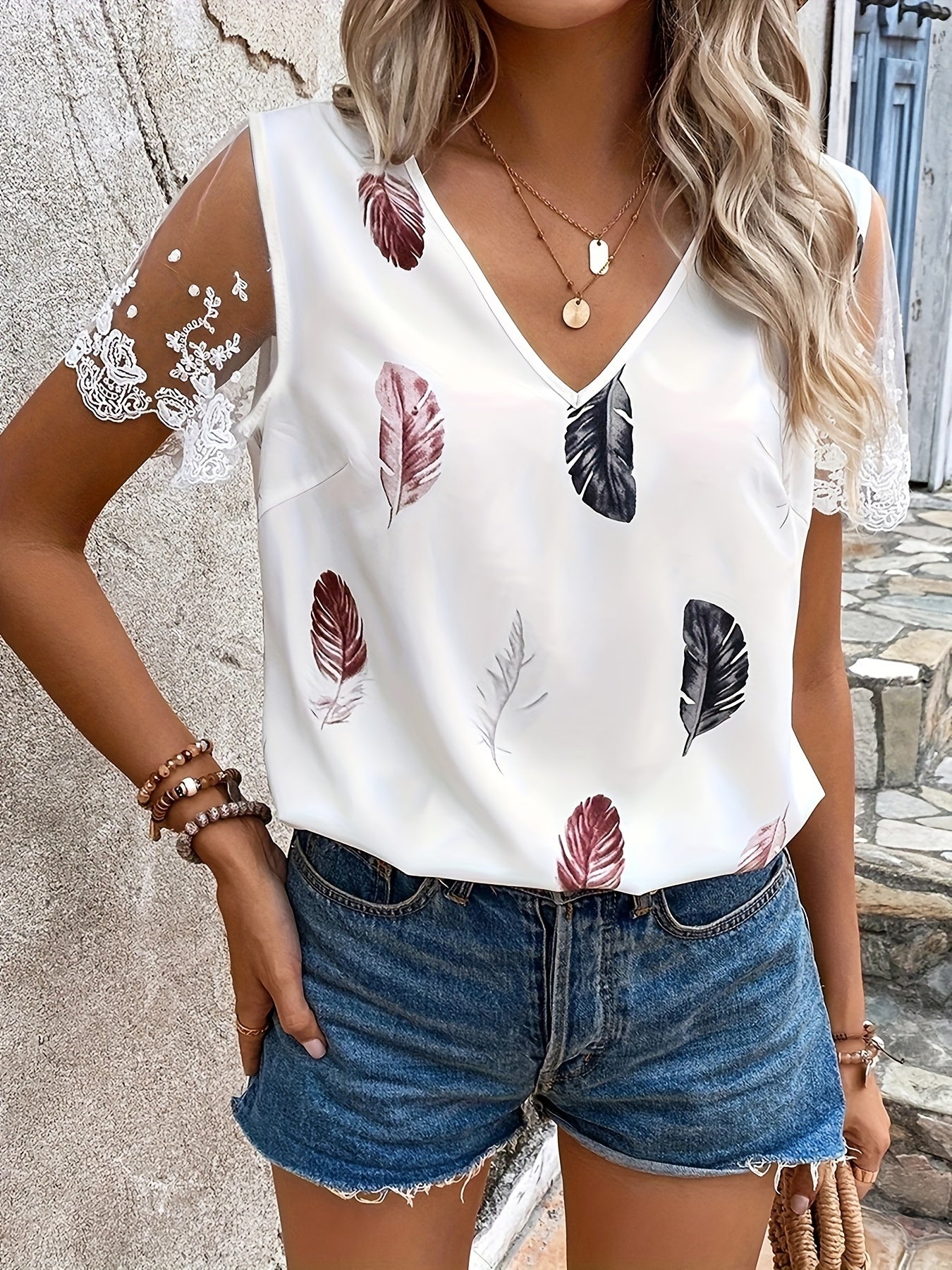 Contrast Lace Feather Print T-shirt, Casual V Neck Short Sleeve Summer T-shirt, Women's Clothing