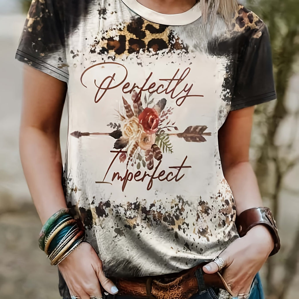 Flower & Arrow Print T-shirt, Casual Crew Neck Short Sleeve Leopard T-shirt, Women's Clothing